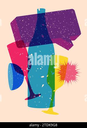 Risograph Champagne Bottle and Drinking Glass with speech bubble and geometric shapes. Objects in trendy riso graph print texture style design with ge Stock Vector