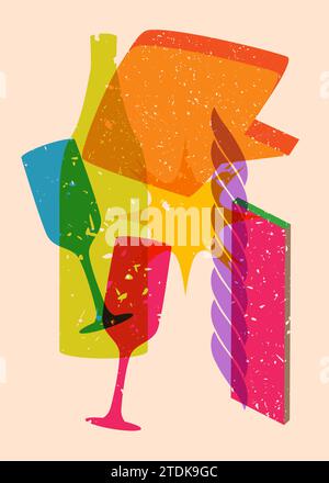 Risograph Champagne Bottle and Drinking Glass with speech bubble and geometric shapes. Objects in trendy riso graph print texture style design with ge Stock Vector