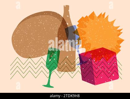 Risograph Champagne Bottle and Drinking Glass with speech bubble and geometric shapes. Objects in trendy riso graph print texture style design with ge Stock Vector