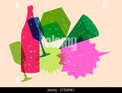 Risograph Champagne Bottle and Drinking Glass with speech bubble and geometric shapes. Objects in trendy riso graph print texture style design with ge Stock Vector