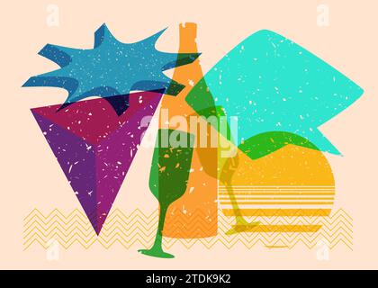 Risograph Champagne Bottle and Drinking Glass with speech bubble and geometric shapes. Objects in trendy riso graph print texture style design with ge Stock Vector