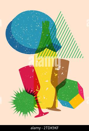 Risograph Champagne Bottle and Drinking Glass with speech bubble and geometric shapes. Objects in trendy riso graph print texture style design with ge Stock Vector