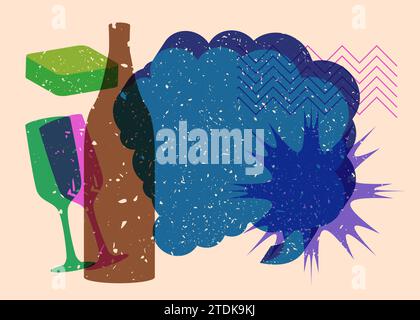 Risograph Champagne Bottle and Drinking Glass with speech bubble and geometric shapes. Objects in trendy riso graph print texture style design with ge Stock Vector