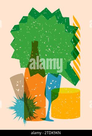 Risograph Champagne Bottle and Drinking Glass with speech bubble and geometric shapes. Objects in trendy riso graph print texture style design with ge Stock Vector