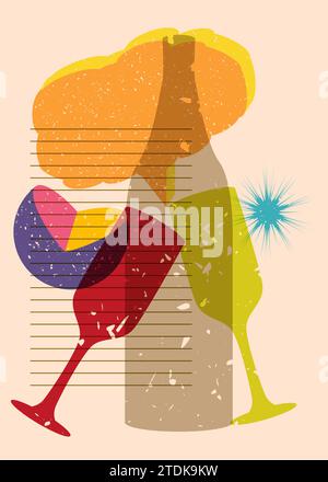 Risograph Champagne Bottle and Drinking Glass with speech bubble and geometric shapes. Objects in trendy riso graph print texture style design with ge Stock Vector