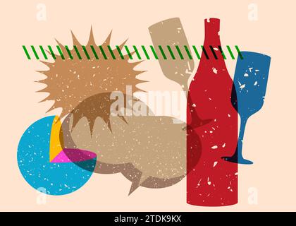 Risograph Champagne Bottle and Drinking Glass with speech bubble and geometric shapes. Objects in trendy riso graph print texture style design with ge Stock Vector