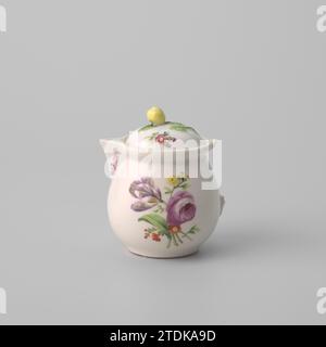 Milk Jug with a Bouquet and Flower Sprays, Imperial Porcelain Manufaktur, c. 1800 - c. 1849 Porcelain milk jug with a spherical belly and short spout from the neck and edge, painted on the glaze in red, pink, green, yellow and purple. On the belly twice a bouquet of different flowers (including peony) surrounded by loose twigs. The spout and the (broken) ear with tendrils and flowers. The lid with flower branches and the lid button in the shape of a fruit branch (pear). Marked on the underside with the shield, letter N and the numbers 90., 4 and 87. Vienna porcelain. glaze. painting / vitrific Stock Photo