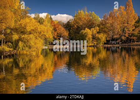 Puigcerdà pond in autumn with the change of color in the trees (Cerdanya, Girona, Catalonia, Spain, Pyrenees) ESP: Lago de Puigcerdà en otoño (Gerona) Stock Photo