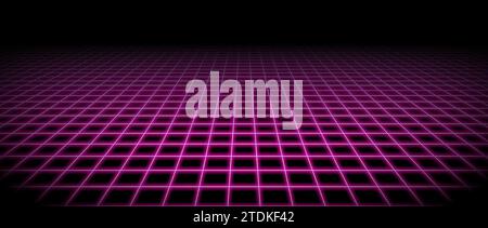 Glowing pink neon wireframe horizon background. Magenta grid room floor in perspective. Bright retro futuristic wallpaper. Abstract checkered plane landscape. Game cyber surface. Vector backdrop Stock Vector