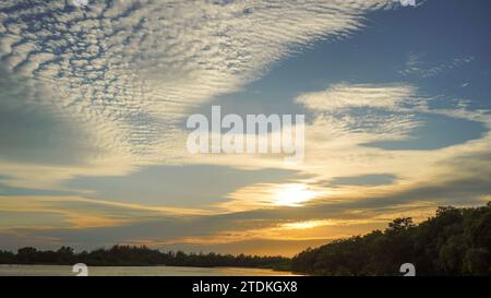 Real amazing panoramic sunrise or sunset sky with gentle colorful clouds. Gradient sky texture after sunset. Pastel Gentle colors of Sunset Sunrise Su Stock Photo
