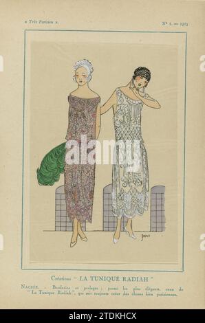 Very Parisian, 1923, no 1: creations 'La Tunic Radiah', 1923 Two evening gowns from 'La Tunique Radiah', garnished with embroidery and pearls. Print from the fashion magazine Très Parisien (1920-1936). Paris paper letterpress printing Two evening gowns from 'La Tunique Radiah', garnished with embroidery and pearls. Print from the fashion magazine Très Parisien (1920-1936). Paris paper letterpress printing Stock Photo