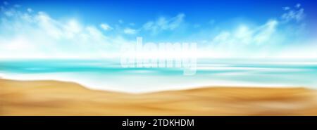 Realistic sand beach with blue water and wave foam of sea or ocean and sky with clouds. Vector illustration of summer landscape with empty seashore with sandy texture. Panoramic sunny day scene. Stock Vector