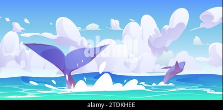 Cartoon sea or ocean landscape with jumping whales. Sunny day vector illustration with whale or orca tail and splashes on water. Observing and exploring large cetacean animal in its natural habitat. Stock Vector