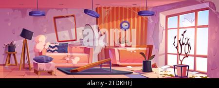 Abandoned and ruined living room with broken furniture, garbage and cobwebs. Cartoon vector of dirty damaged hall with destroyed and dirty sofa and table, dried plants in pots, shattered window. Stock Vector