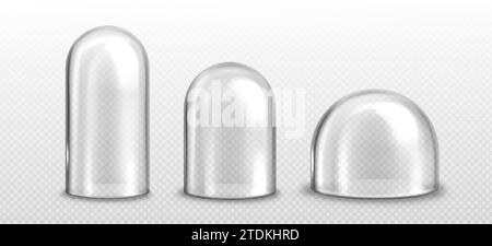 Glass domes set isolated on transparent background. Vector realistic illustration of different size 3D bell jars, laboratory tool, spherical exhibition display, kitchen glassware with glossy surface Stock Vector