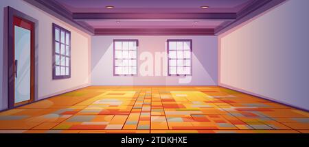 Empty room interior design. Vector cartoon illustration of spacious premises with daylight in glass windows, closed door, wooden floor decorated with abstract pattern, lamp on ceiling, roomy apartment Stock Vector