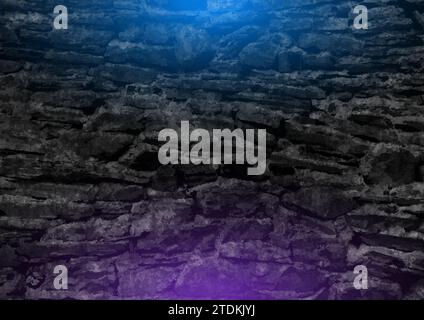 Grunge black stone wall with blue violet neon illumination abstract background. Vector retro design Stock Vector
