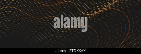 Black abstract background with golden curved wavy dotted lines. Art deco ornament vector banner design Stock Vector