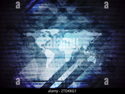 Dark blue grunge geometry backgrounnd with world map. Technology vector design Stock Vector