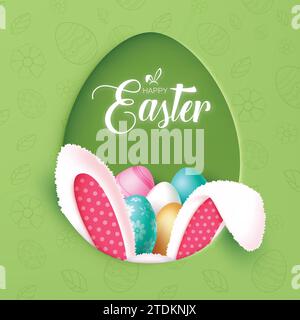 Happy easter text vector design. Happy easter greeting card with bunny ears and colorful eggs in egg shell shape concept in green color pattern Stock Vector