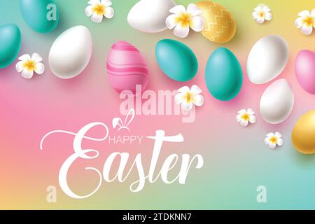Happy easter text greeting vector design. Easter eggs hunt greeting card with color pastel egg elements decoration for holiday season background. Stock Vector