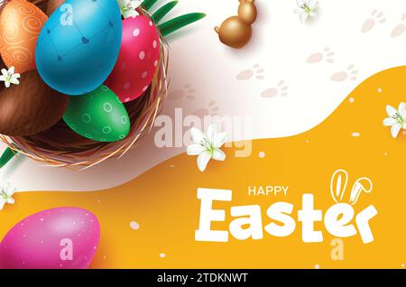 Happy easter text vector design. Easter eggs colorful in nest elements for holiday greeting card background. Vector illustration easter egg hunt Stock Vector