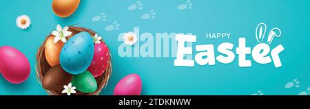 Happy easter greeting text vector banner. Happy easter greeting card with colorful eggs, flowers and nest decoration elements in blue background. Stock Vector