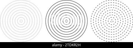 Dashed concentric circle icon. Black and white broken circular rings. Sound wave, radar, target. Dotted round lines. Abstract monochrome graphic Stock Vector