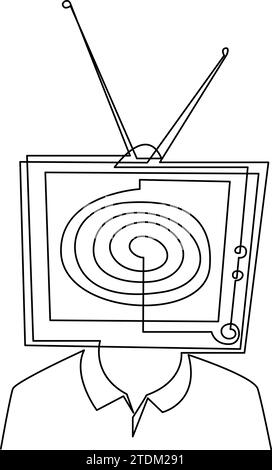 TV instead of a man head continuous line drawing. Minimalist style illustration of hypnotized person. Propaganda concept vector Stock Vector