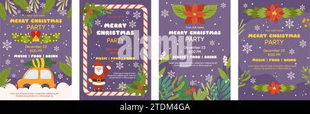 Christmas poster template with copy space, Invitation for Xmas party. Vertical flyer decorated with plants branches, car in snow with tree, candy cane Stock Vector