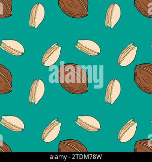 Pattern with walnuts and pistachios, handmade doodle drawing, on blue background. Vector illustration Stock Vector