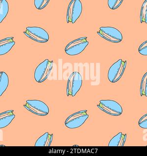 Pattern blue pistachios, handmade doodle drawing, on color trend year 2024 Peach fuzz background. Vector illustration Stock Vector