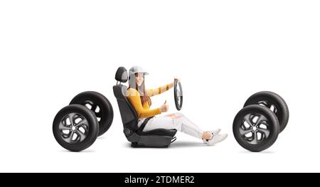 Young female driving on four wheels with a seatbelt and gesturing thumbs up isolated on white background Stock Photo