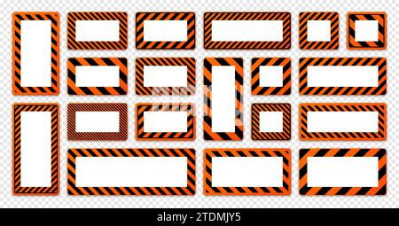 Various blank warning signs with diagonal lines. Orange attention, danger or caution sign, construction site signage. Realistic notice signboard Stock Vector