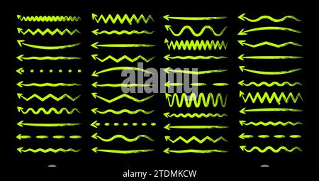 Grunge hand drawn arrows, highlighter lines. Marker stroke, brush pen drawn underline. Handwritten text pointers, notes, marks. Vector illustration Stock Vector