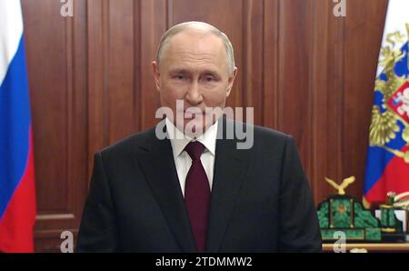 Moscow, Russia. 18 December, 2023. Russian President Vladimir Putin delivers a video address to participants of the Commonwealth of Independent States Heads of Government Council meeting from the Kremlin, December 18, 2023 in Moscow, Russia. Credit: Russian Presidency/Kremlin Pool/Alamy Live News Stock Photo