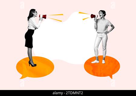 Horizontal surreal creative photo collage of two women stand on message bubbles hold loudspeakers and talk have conversation on distance Stock Photo