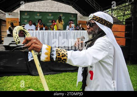 Carlos Djedje who is regarded as the father of African reggae performing at the Marula Festival in Tzaneen Limpopo in 2023. Stock Photo