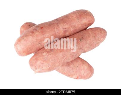 three uncooked pork sausages isolated on white background with clipping path, top view, freshness food, raw meat sausages for barbeque Stock Photo