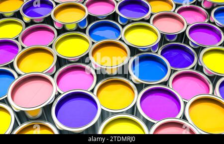 metal cans with coloured paint. 3d render background Stock Photo