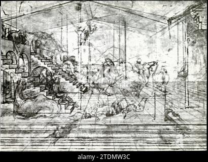 LEONARDO DA VINCI.Study of perspective for the Adoration of the Magi,circa 1481.Pen and ink and wash paint drawing on a metal-point sketch Stock Photo