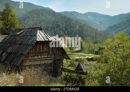 old wooded mountain hut in Tara National Park, Serbia Stock Photo