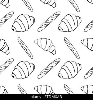 Bread seamless pattern on white background. Croissants and baguettes line vector illustration in doodle stile. Stock Vector