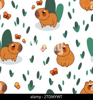 Cute capybara characters seamless pattern vector illustration Stock Vector