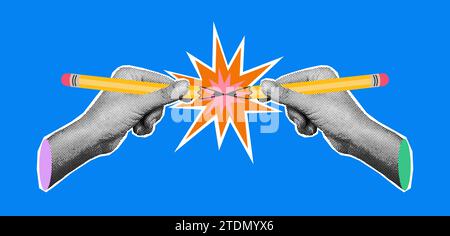 Hands holding pencils halftone collage vector illustration Stock Vector