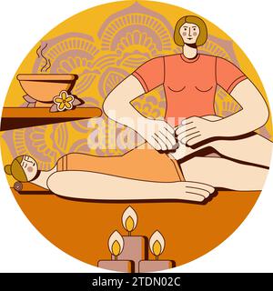 Anti cellulite massage with professional massage therapist in spa. Overweight treatment.Isolated flat vector illustration in circle shape. Stock Vector