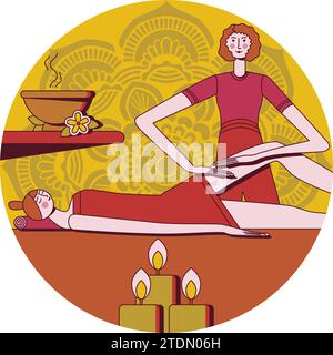 Anti cellulite massage with professional massage therapist in spa. Overweight treatment.Isolated flat vector illustration in circle shape. Stock Vector