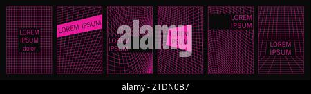 Distorted vertical grid neon posters set vector illustration Stock Vector