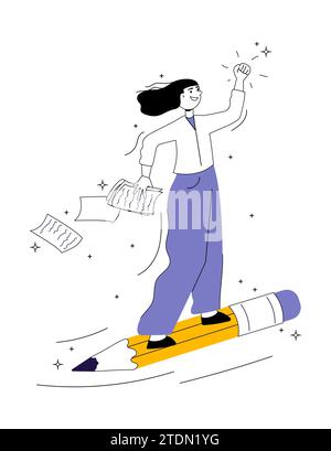 Woman character flying on big pencil vector illustration Stock Vector