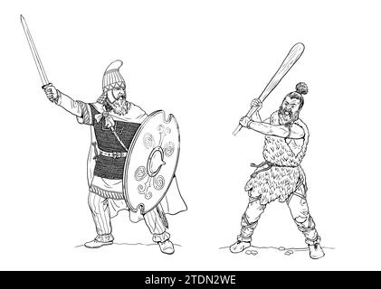 Germanic warriors on the attack. Drawing with Roman enemies - barbarians. Stock Photo